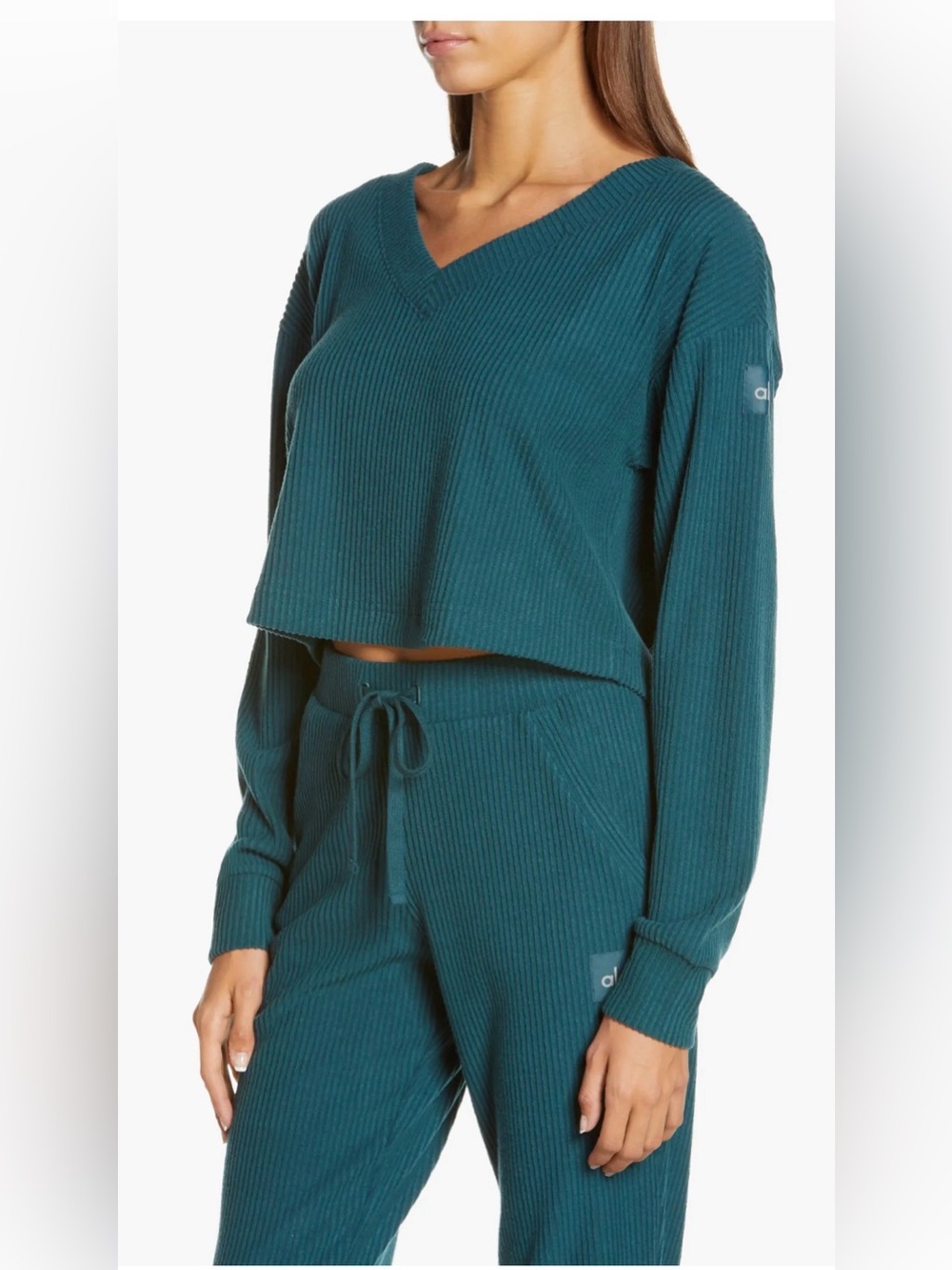 Alo Yoga Muse Ribbed Crop Pullover in Galactic Teal , size M